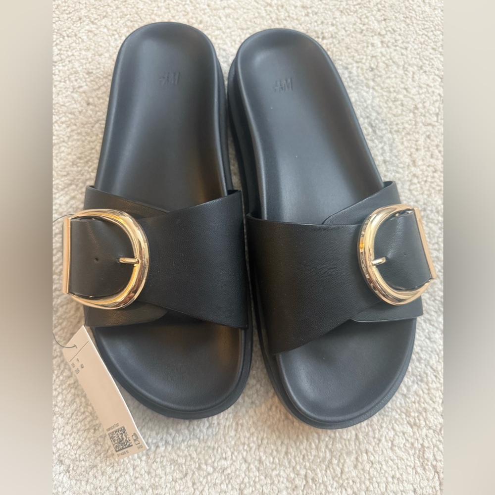 Brand New H&M Black Slide Sandals with Gold Buckle